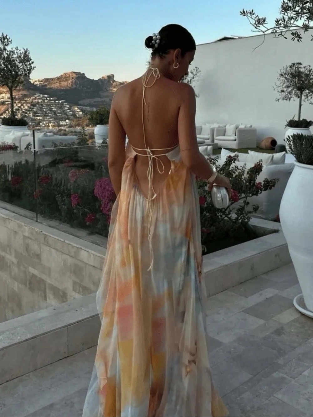 Tie-Back Watercolor Maxi Dress in Pastel Yellow & Peach - Picture 4 of 4